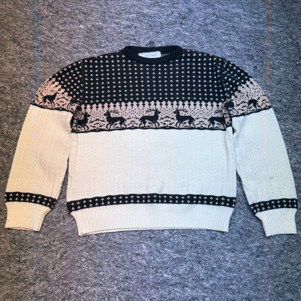 Rob Winter Vintage Reindeer Fair Isle Knit Sweater Cream Black Tan Crew Neck